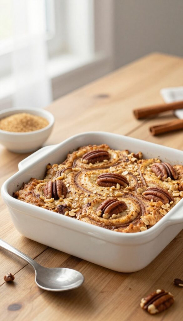 Overnight cinnamon roll baked oatmeal in a baking dish with cinnamon swirls and pecans, on a wooden table with a spoon.