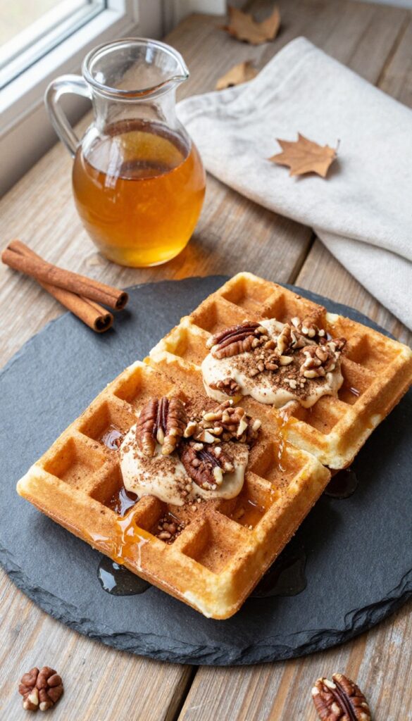 Pumpkin spice waffles with cinnamon cream and pecans on a slate plate