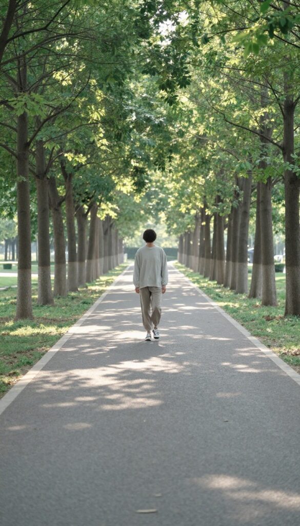 Person taking a short walk outside on a tree-lined path in soft morning light