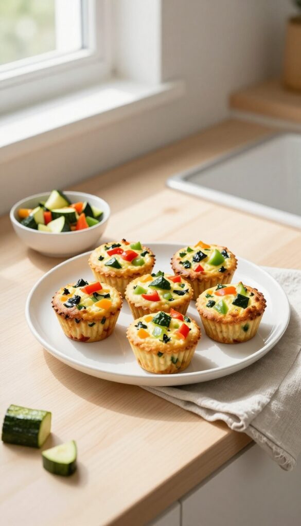 Veggie egg muffins on a plate with fresh diced vegetables on the side