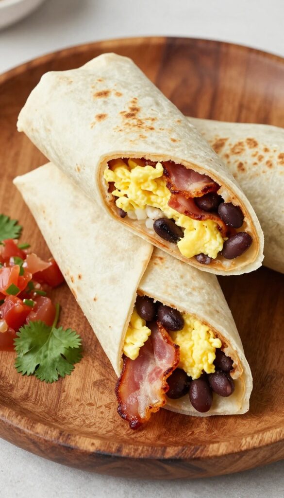 Bacon and black bean breakfast burrito cut in half on a wooden plate with salsa and cilantro