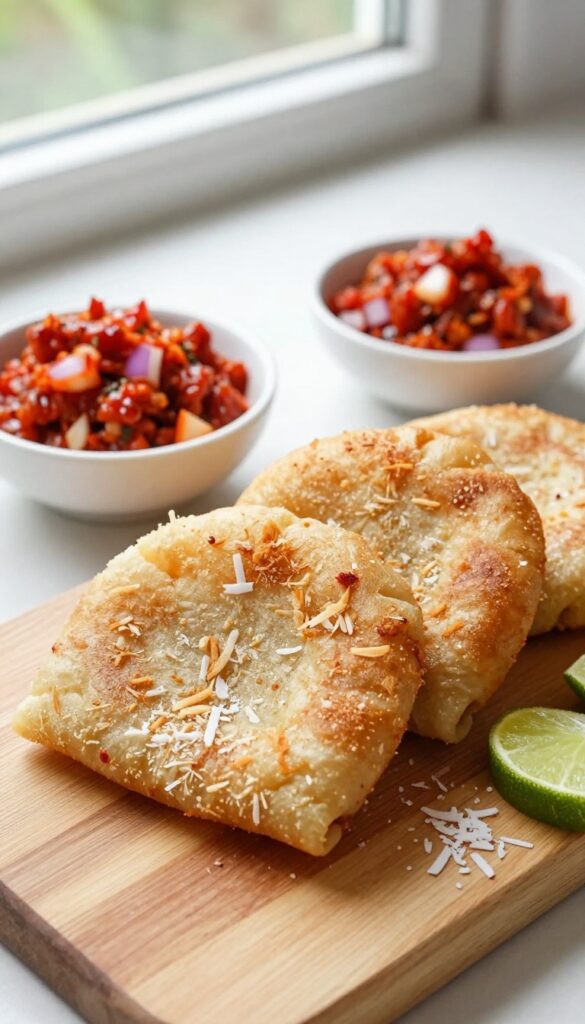 Golden coconut roti with a bowl of spicy red sambol on a wooden board, bright natural light.
