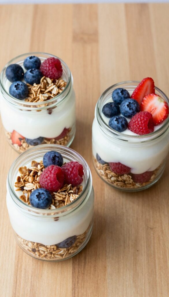 Three glass jars with Greek yogurt parfait layered with berries and granola on a wooden table.
