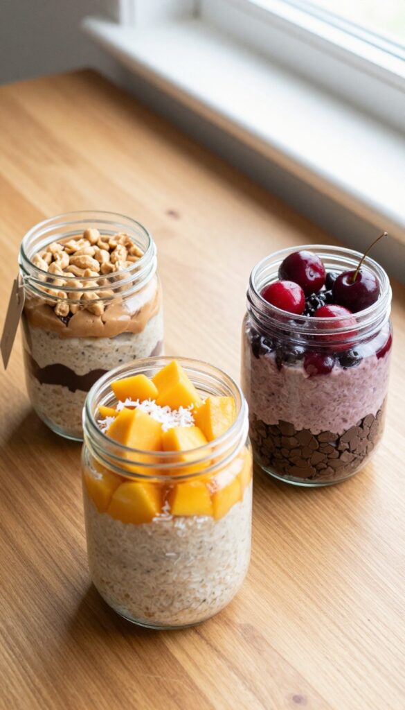 Three mason jars of layered overnight oats in peanut butter cup, coconut mango, and chocolate cherry flavors on a wooden table.