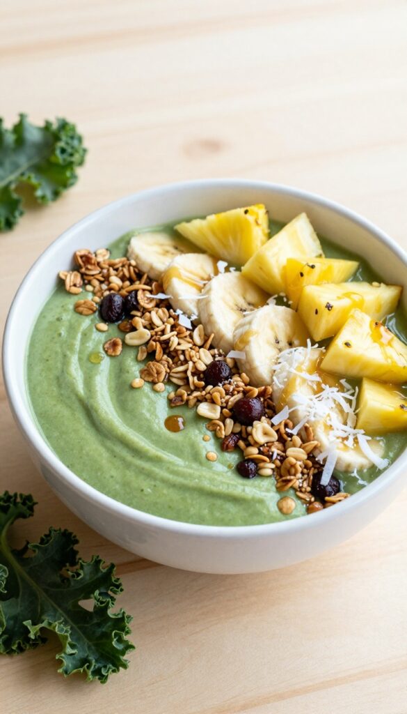 Smoothie bowl with kale, pineapple, and ginger topped with granola, banana, coconut, and honey on a wooden table