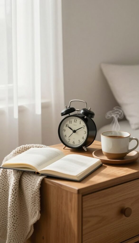 Peaceful morning setup with alarm clock, journal, and tea, no phone in sight