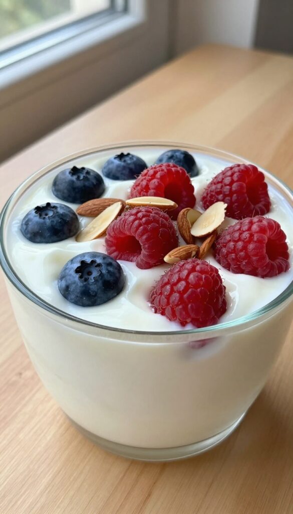 Greek yogurt parfait with berries and almonds in a glass bowl on a wooden table