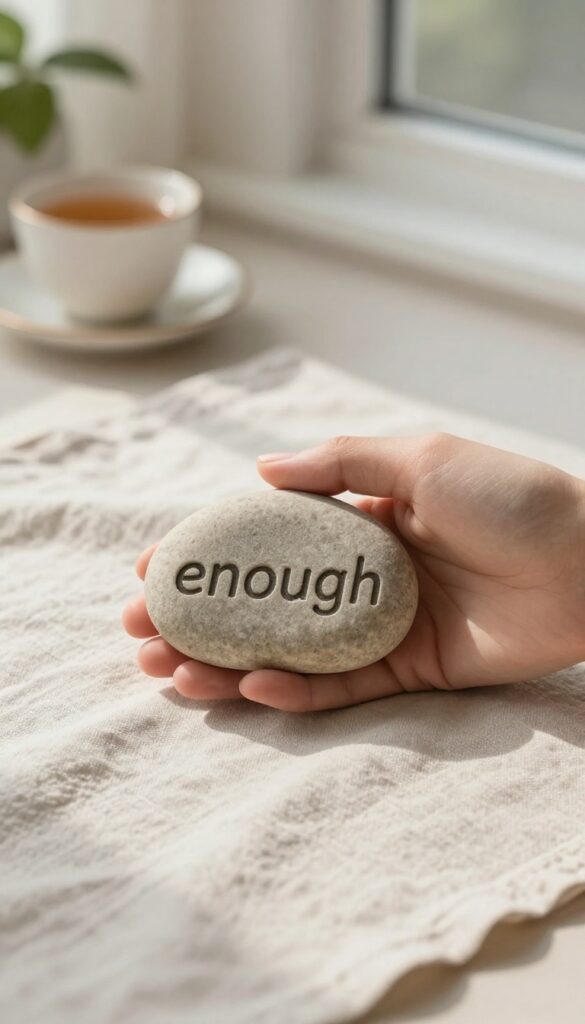 A person holding a stone with the word 'enough' carved into it, resting on linen fabric, with a blurred background of tea and a plant.