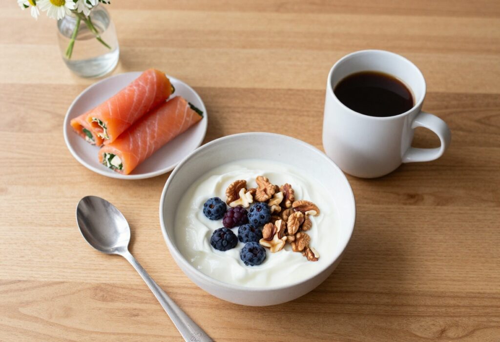 Overhead view of a breakfast spread with Greek yogurt, smoked salmon roll-ups, and coffee on a wooden table.