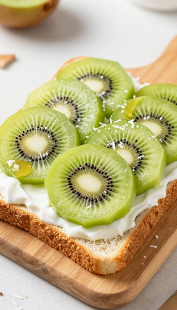 Kiwi and coconut toast on a wooden board with yogurt, kiwi slices, shredded coconut, and honey drizzle.