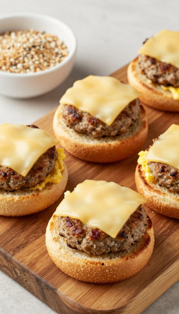 Sausage patty breakfast sliders with scrambled eggs and melted provolone on a wooden board.