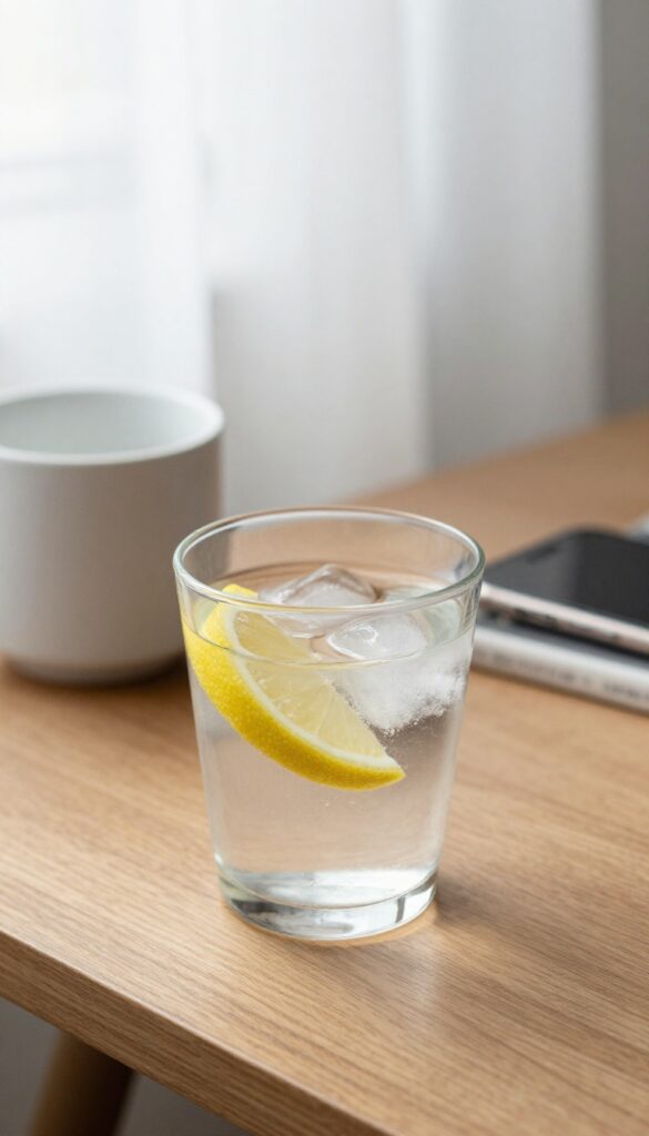 A glass of water with lemon on a bedside table in soft morning light