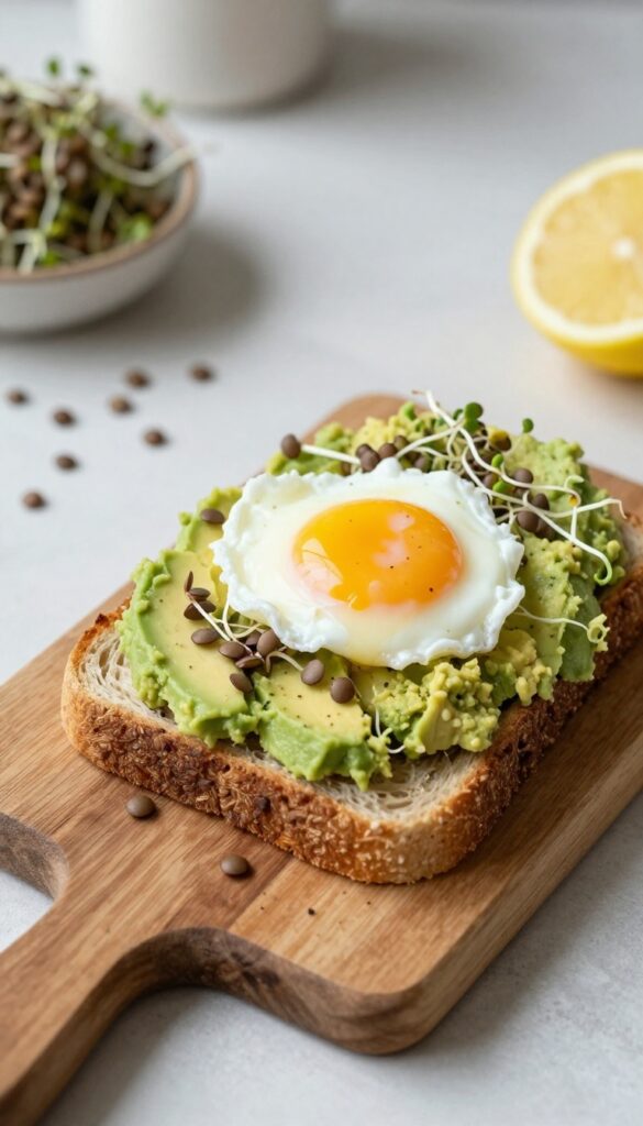 Avocado toast with lentil sprouts and a poached egg on a wooden board.
