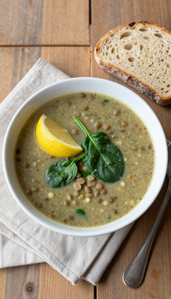 Bowl of lentil soup with lemon and spinach on a wooden table, with crusty bread beside it.