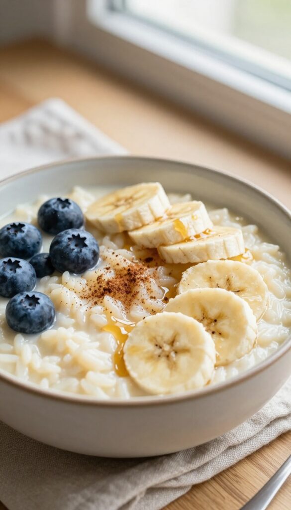 Creamy rice pudding breakfast bowl with berries and banana