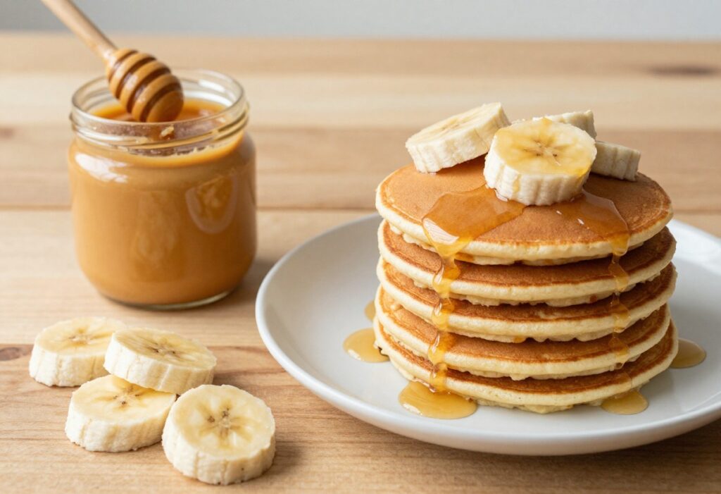 Peanut butter breakfast spread with pancakes, banana, and honey on a wooden table