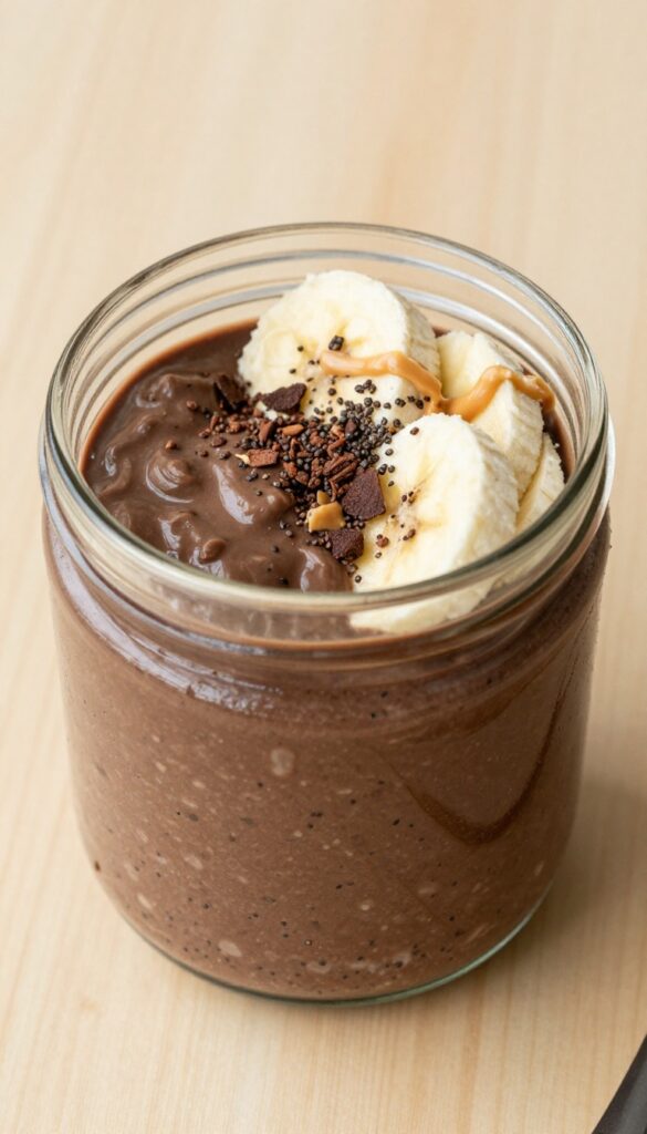 Chocolate banana overnight oats in a jar with banana slices, cocoa nibs, and peanut butter drizzle.