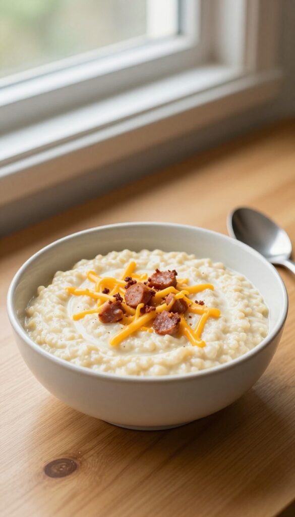 Creamy cheese grits with sausage in a bowl on a wooden desk