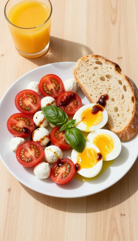 Caprese breakfast salad with cherry tomatoes, mozzarella, basil, and soft-boiled egg drizzled with balsamic glaze on a white plate, with bread and orange juice on a wooden table.