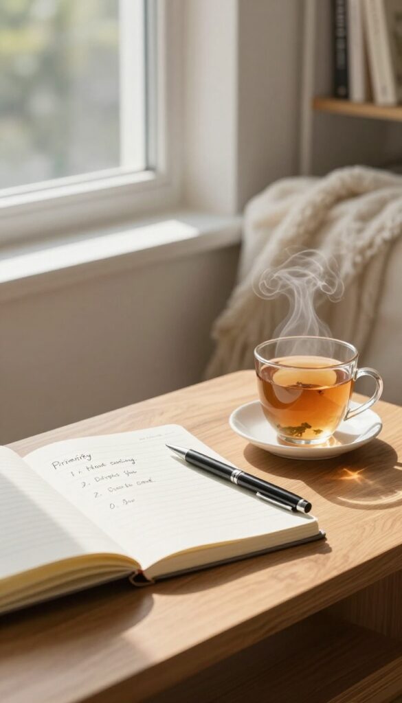 Cozy Sunday evening workspace with a notebook listing three priorities, a pen, and a cup of tea, bathed in warm natural light.