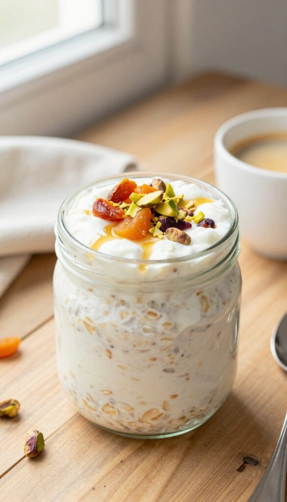 Overnight oats with apricot and pistachio in a glass jar, served with café au lait on a wooden table
