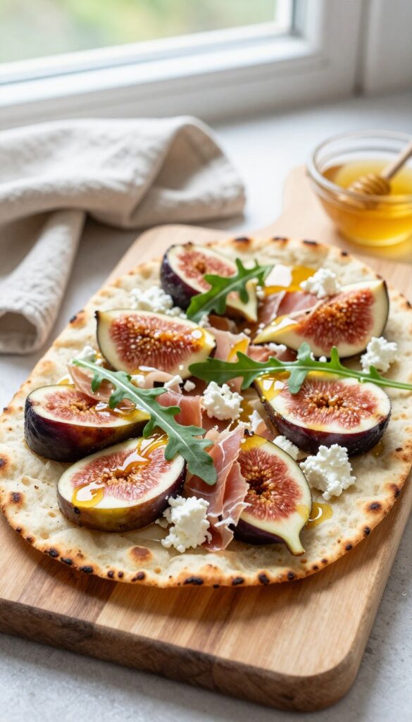 Prosciutto and fig flatbread with honey and arugula on a wooden board