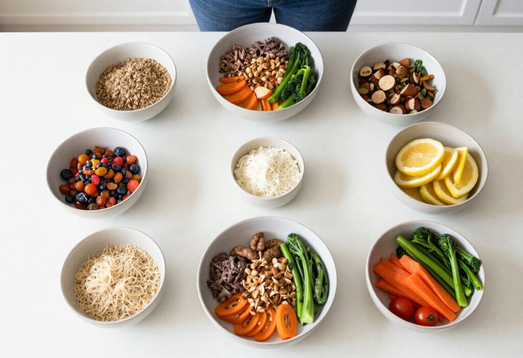 A collection of DASH diet meals including soup, grilled chicken, lettuce wraps, and salsa on a wooden table.