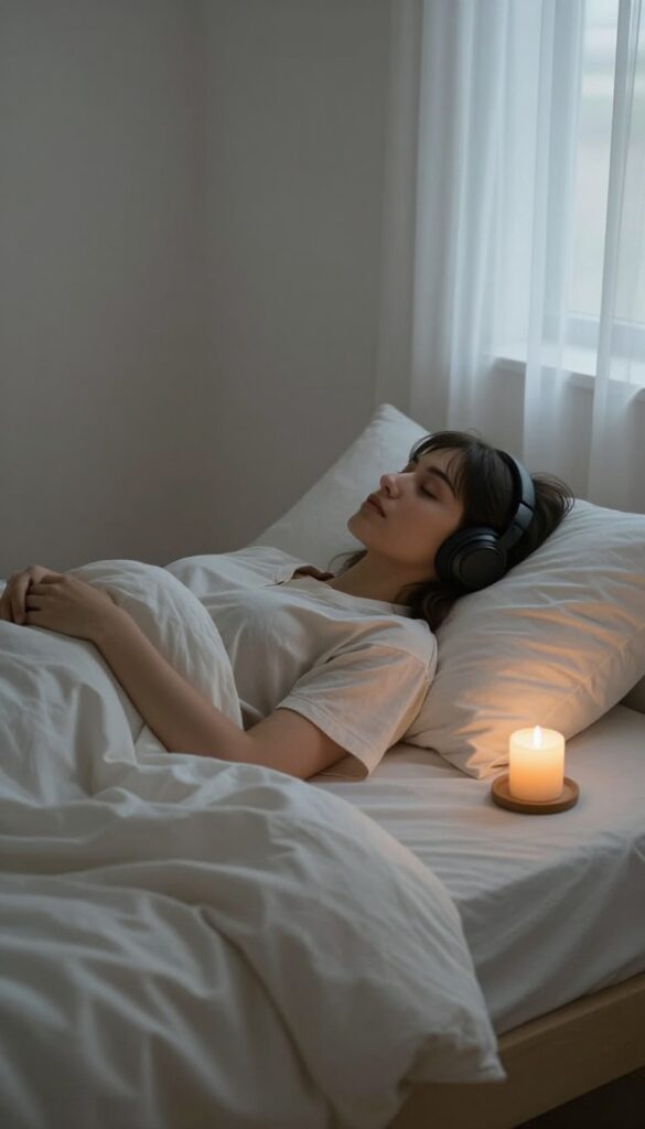 Person relaxing on bed with headphones and candle