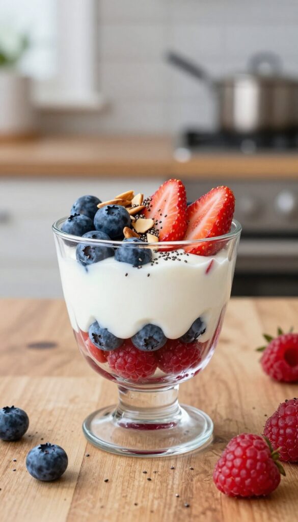 Greek yogurt parfait with fresh berries and nuts in a glass