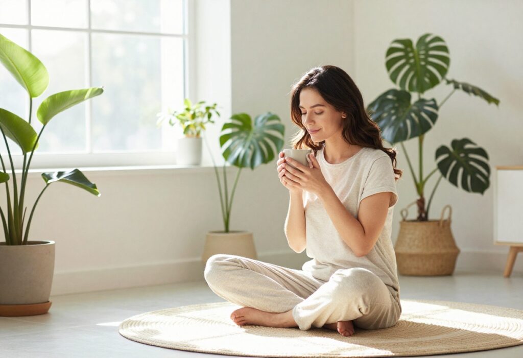 Woman enjoying a mindful morning moment with a warm drink in a cozy, sunlit room.