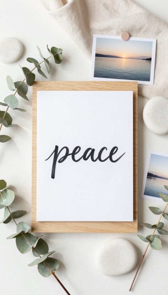Minimalist one-word vision board with 'peace' and serene decor elements in natural light