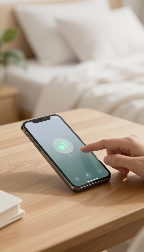 Person using a mindful alarm on a smartphone in a sunlit bedroom