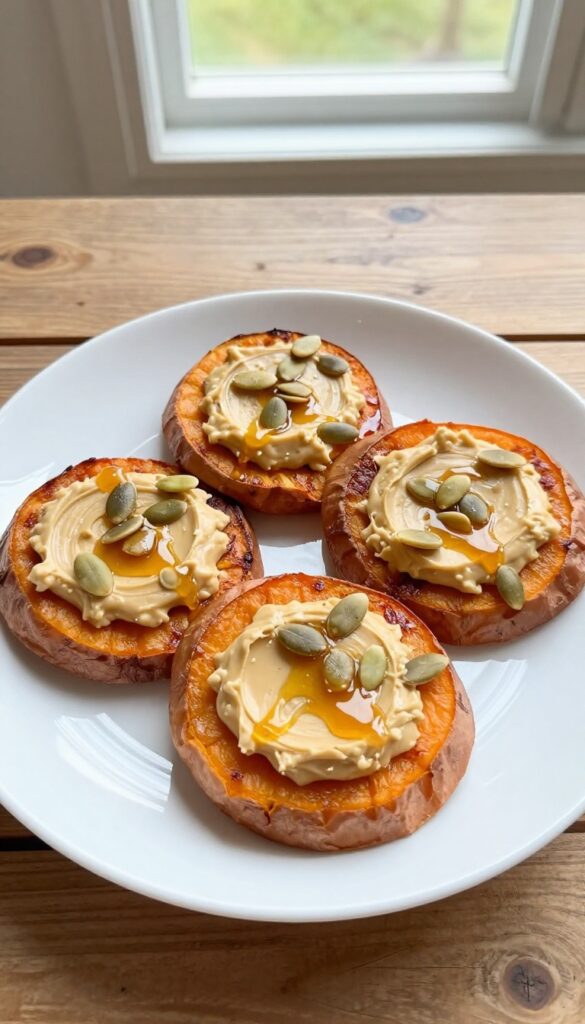 Baked sweet potato rounds with almond butter, pumpkin seeds, and honey on a white plate.