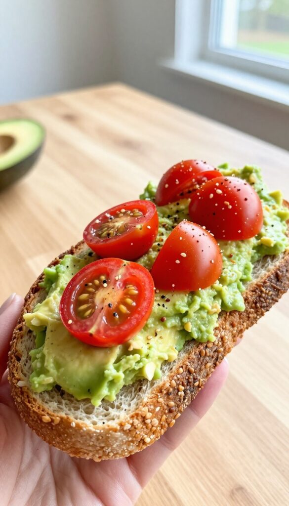 Avocado toast with cherry tomatoes and everything bagel seasoning on a wooden table