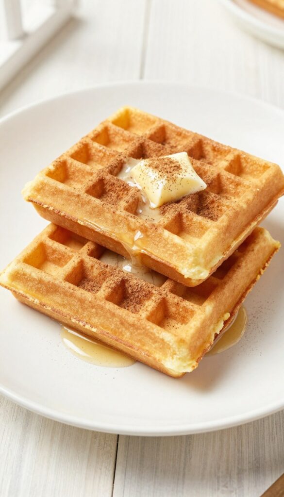 Golden almond flour waffles with melting butter and cinnamon on a white plate