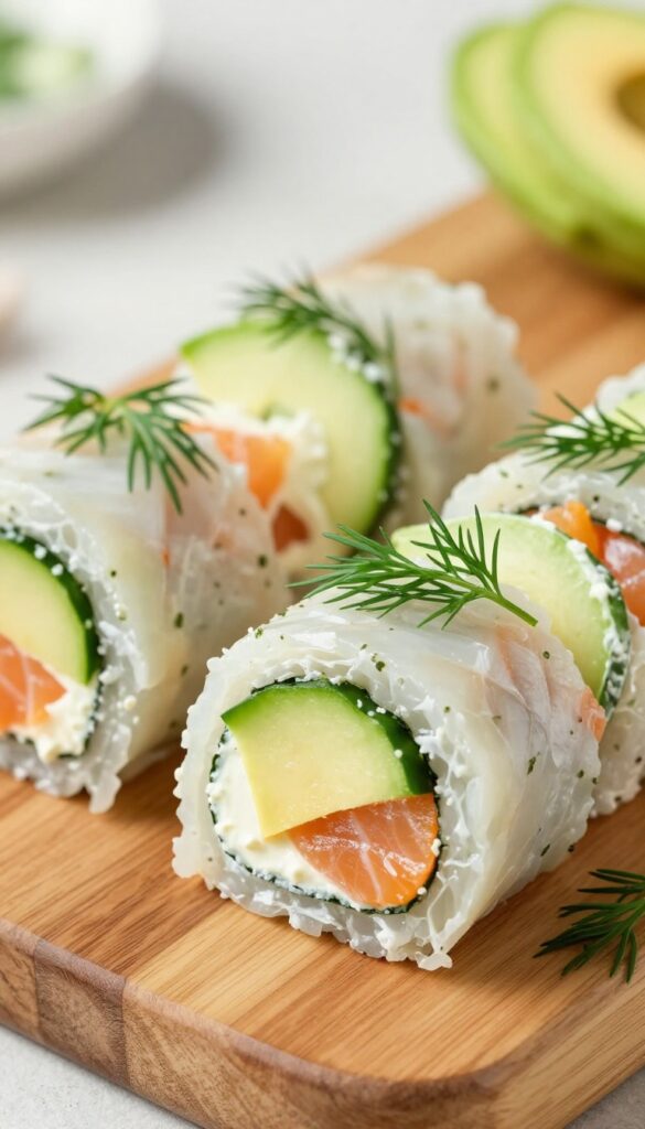 Smoked salmon and cream cheese roll-ups with cucumber and avocado, garnished with dill on a wooden board.
