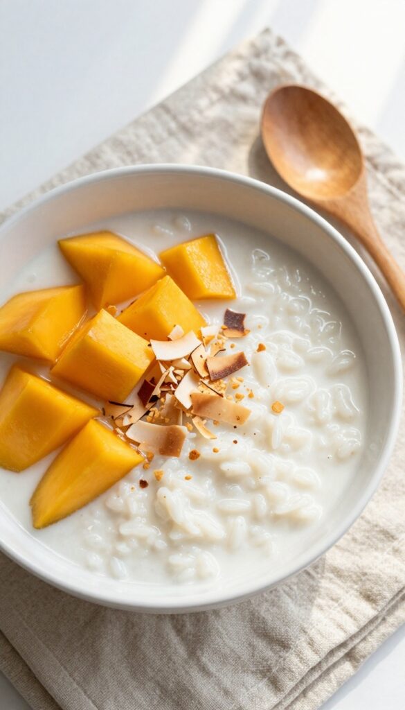 Creamy coconut rice pudding with fresh mango and toasted coconut in a white bowl