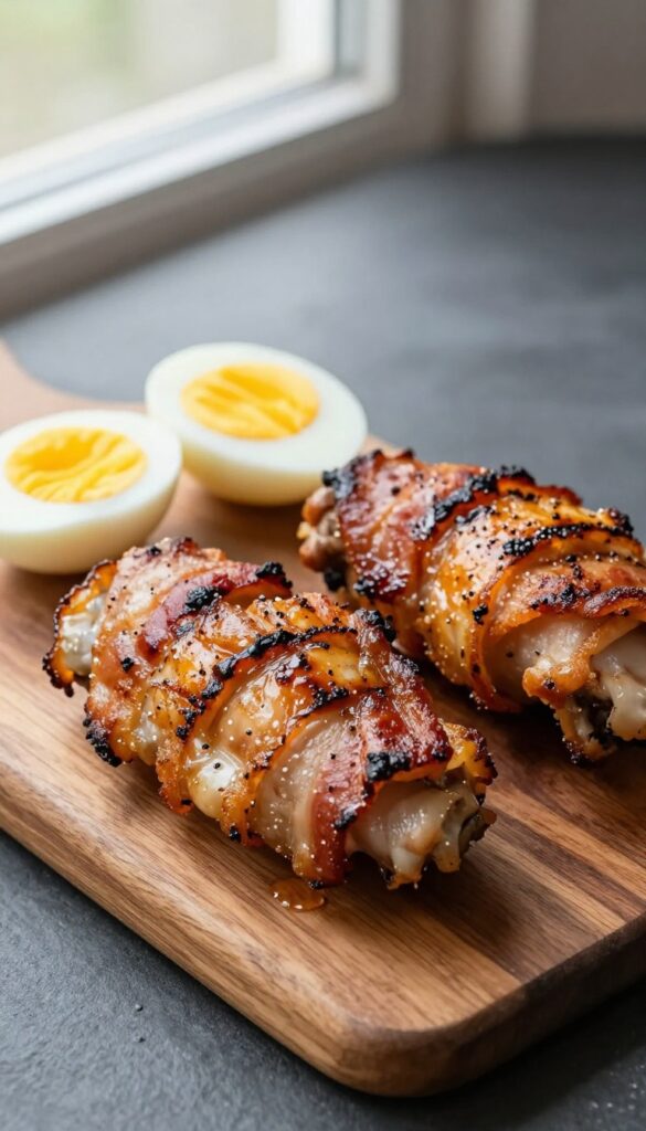 Bacon-wrapped chicken thighs with hard-boiled eggs on a wooden board