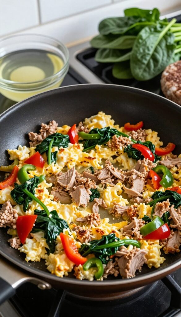 Turkey and egg white scramble with spinach and bell peppers in a frying pan