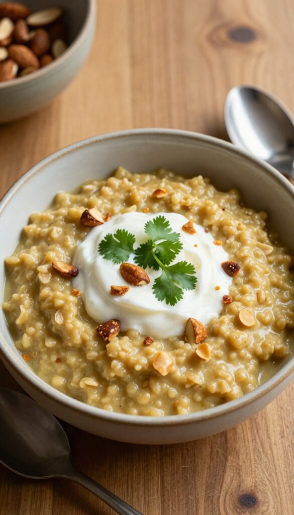 Curried lentil and oat porridge in a bowl with yogurt, cilantro, and almonds on a wooden table