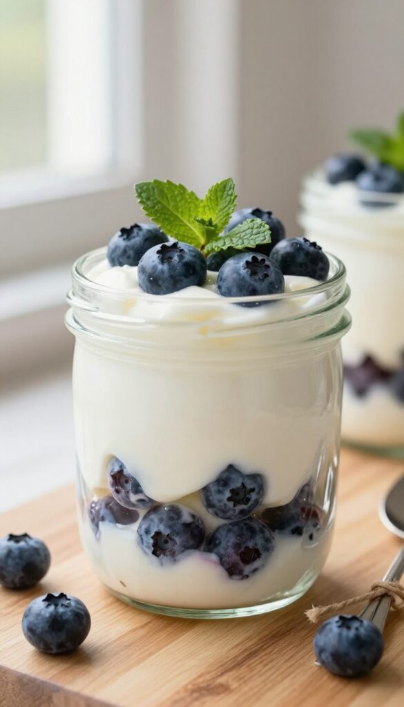 Blueberry lemon yogurt parfait in a jar on a wooden countertop