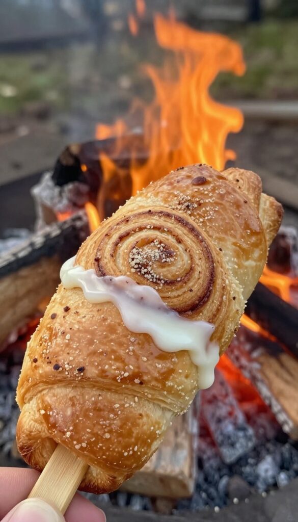 Campfire cinnamon roll ups cooking on a stick over hot coals