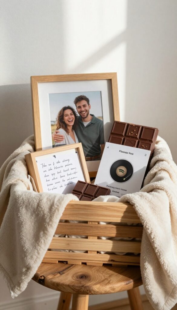 Personalized self-care basket with framed photo, handwritten letter, chocolate, and playlist card on rustic table