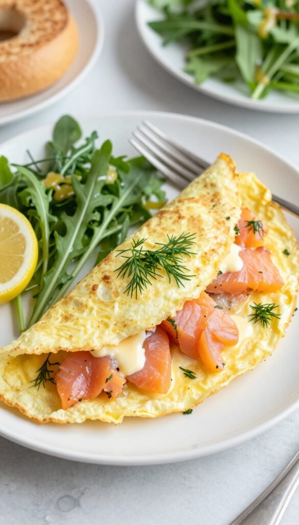 Smoked salmon and cream cheese omelet on a plate with arugula salad and toasted bagel