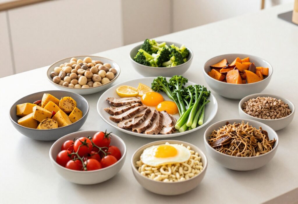 Anti-candida diet meal plate with salmon, broccoli, salad, and avocado