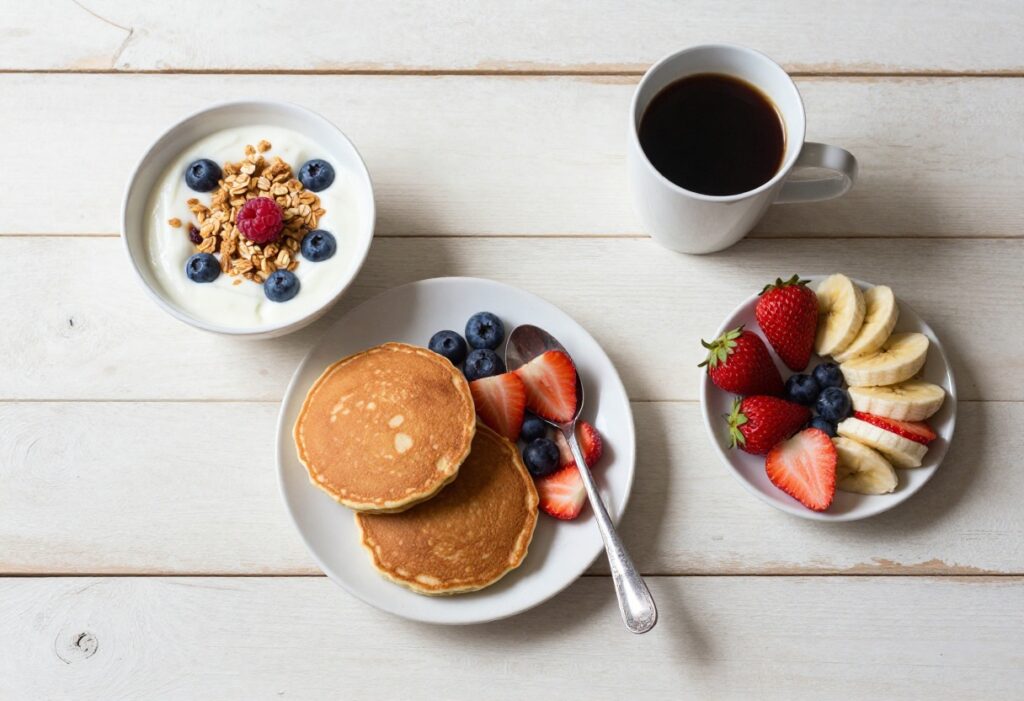 A collection of low calorie breakfast dishes including yogurt parfait and banana pancakes on a wooden table.