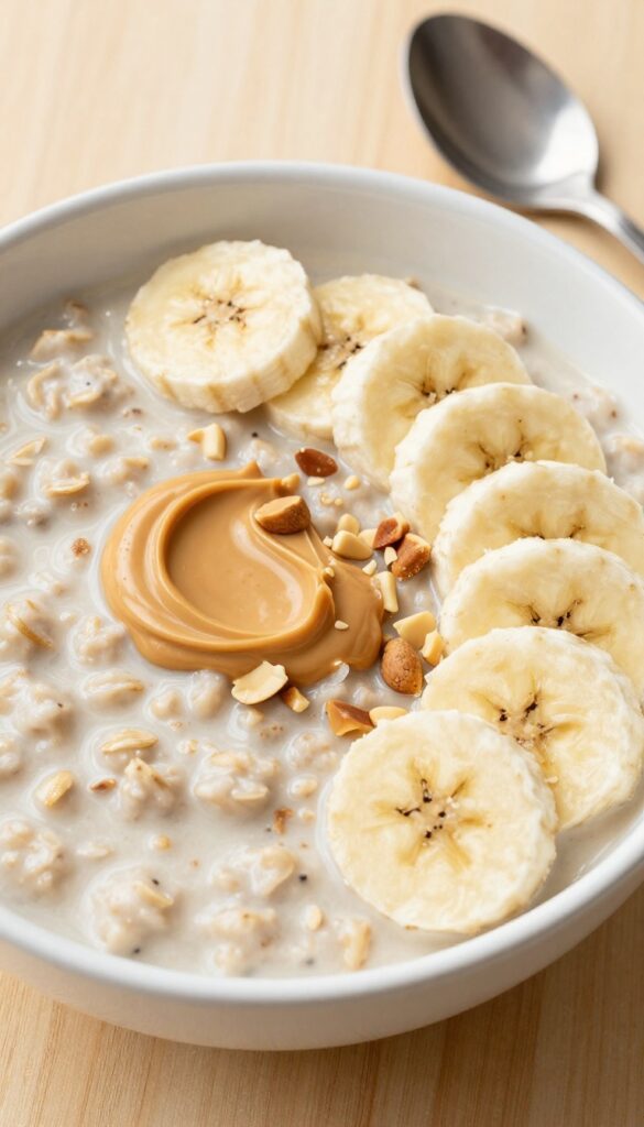 Bowl of instant oatmeal with peanut butter and banana slices