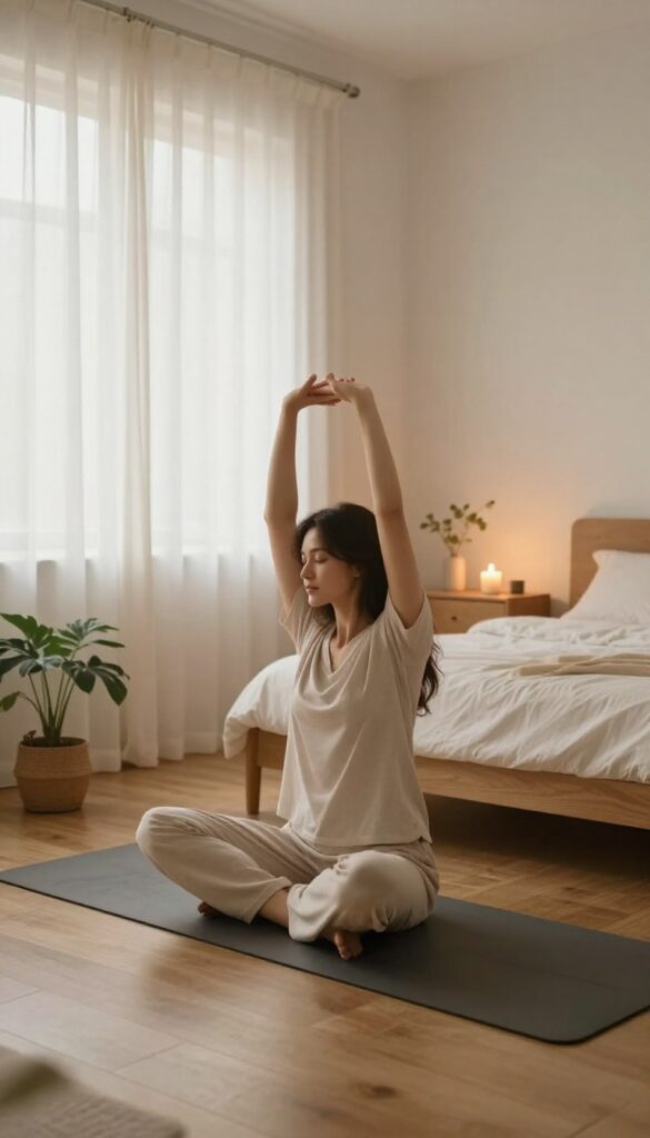 Woman practicing gentle neck stretch in bedroom during self-care night routine