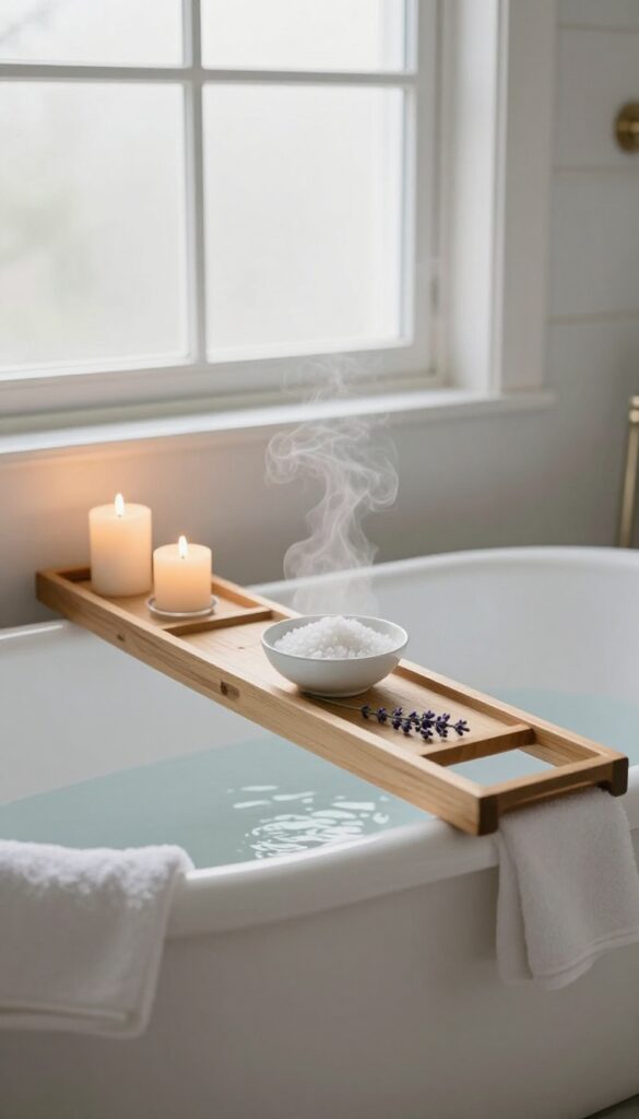 Warm bath with candles and Epsom salts in a serene bathroom