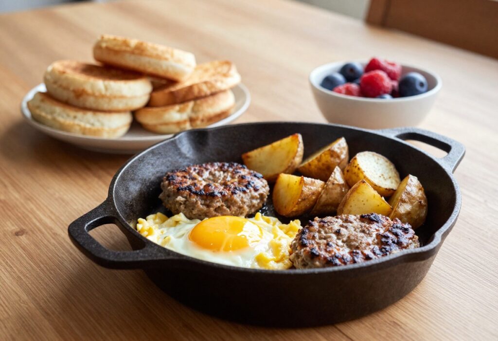 Sausage patties in a cast iron skillet with eggs and potatoes on a wooden table